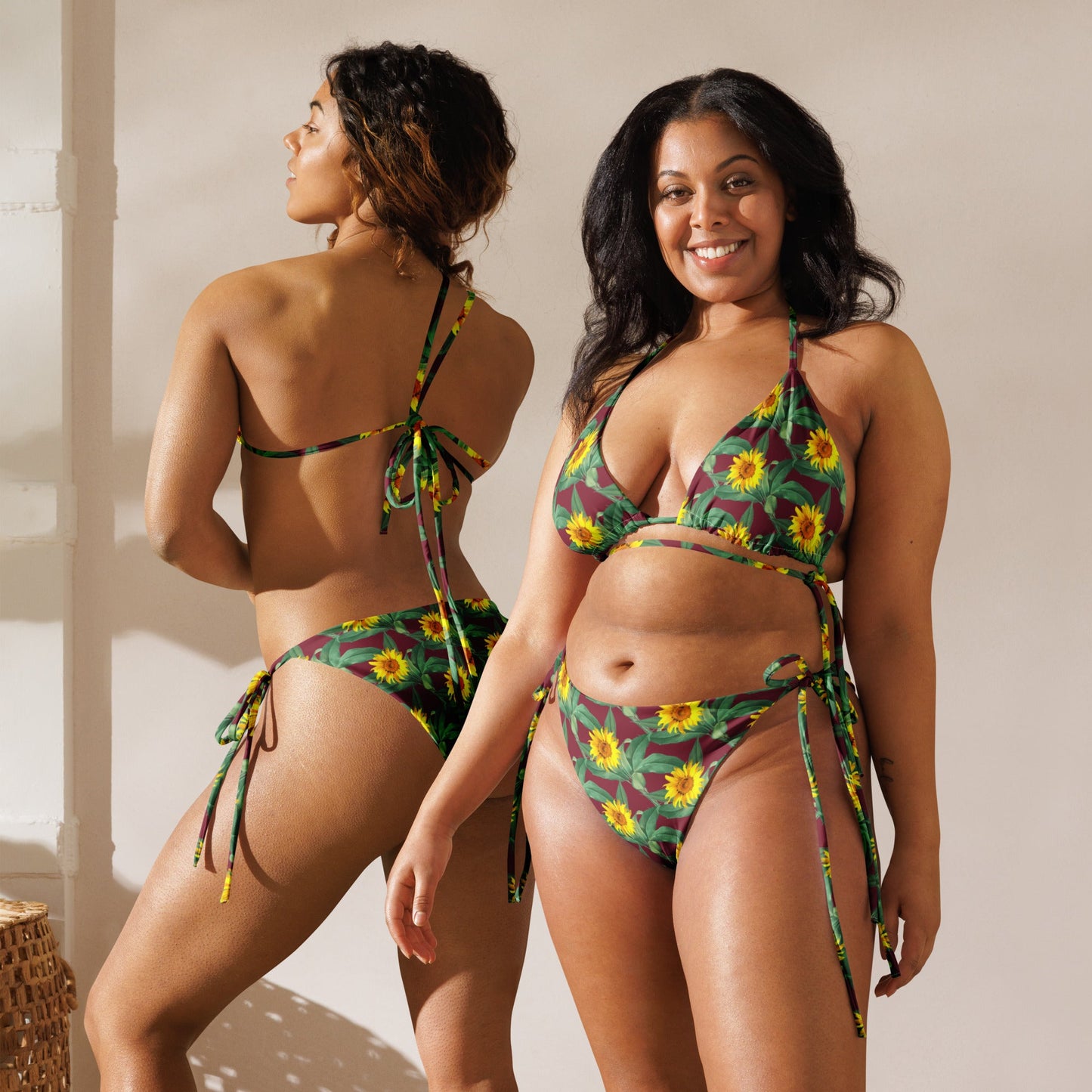 Women's All - over print recycled string bikini, Burgundy Yellow Bikini, Sunflower Top, Floral Bikini, Cute Summer Bikini - PratSN