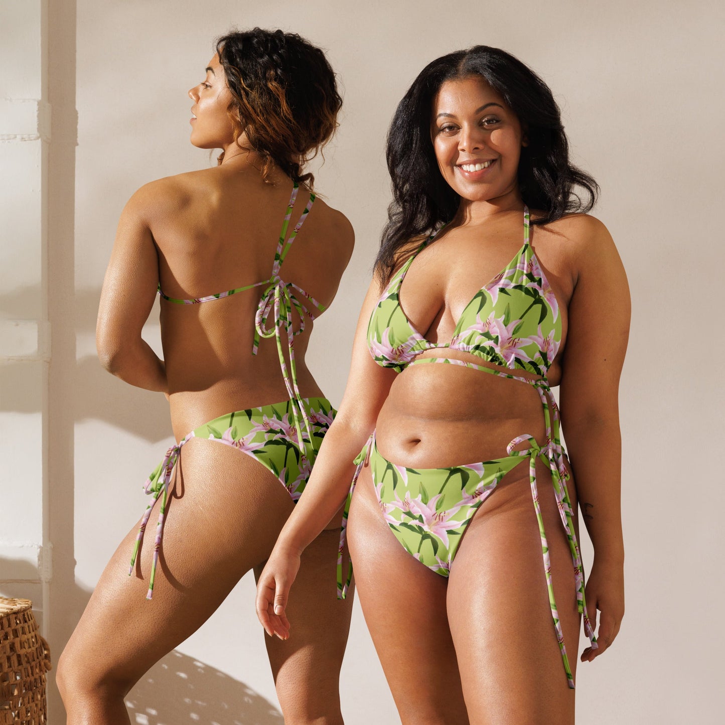 Women's All - over print recycled string bikini, Lime Green Pink Bikini, Floral Bikini, Cute Summer Bikini - PratSN