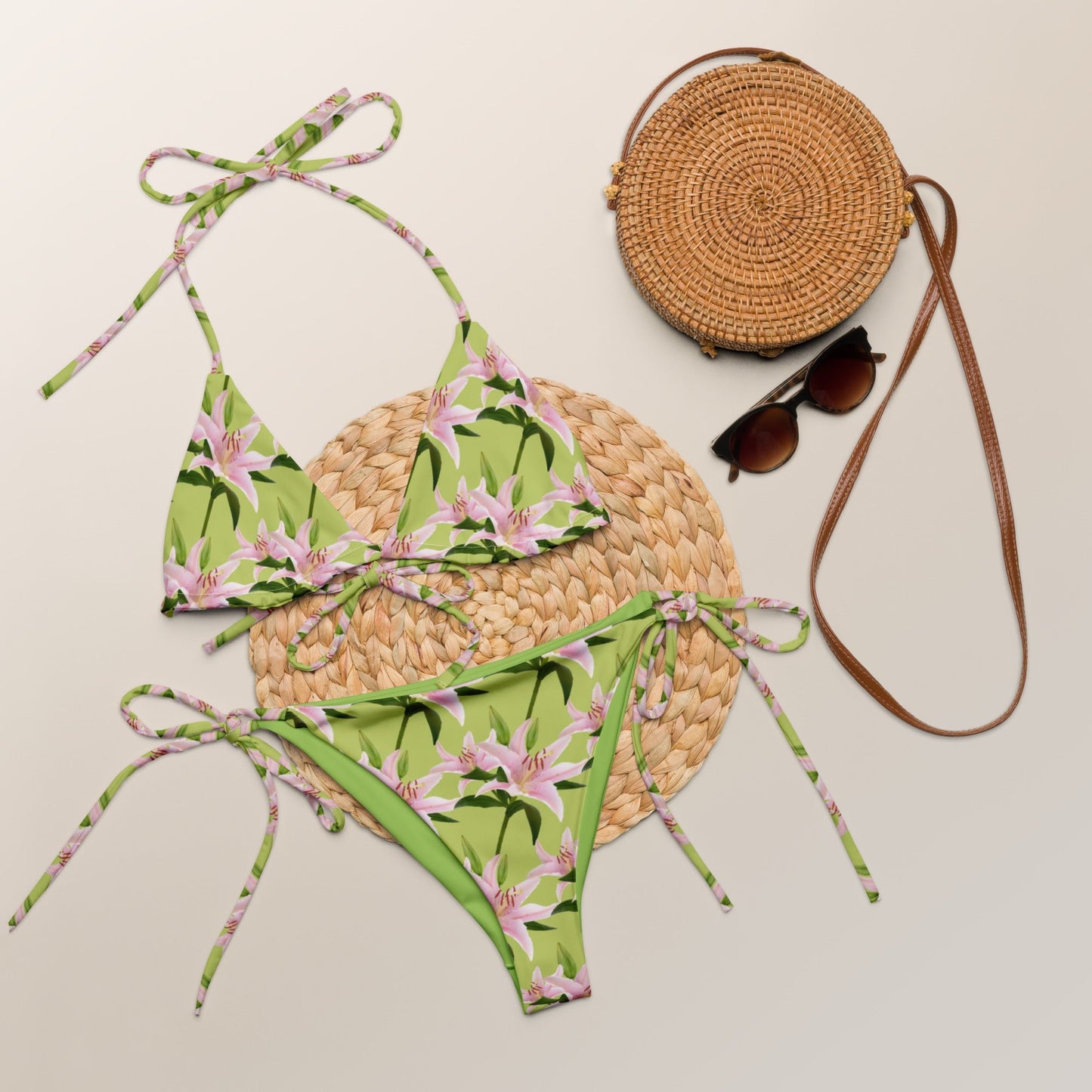 Women's All - over print recycled string bikini, Lime Green Pink Bikini, Floral Bikini, Cute Summer Bikini - PratSN
