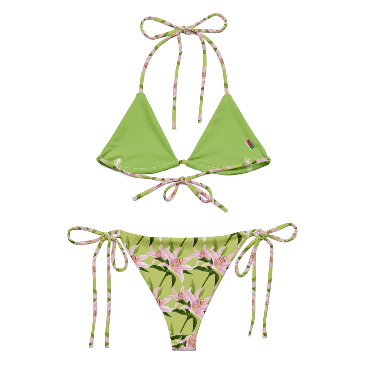 Women's All - over print recycled string bikini, Lime Green Pink Bikini, Floral Bikini, Cute Summer Bikini - PratSN