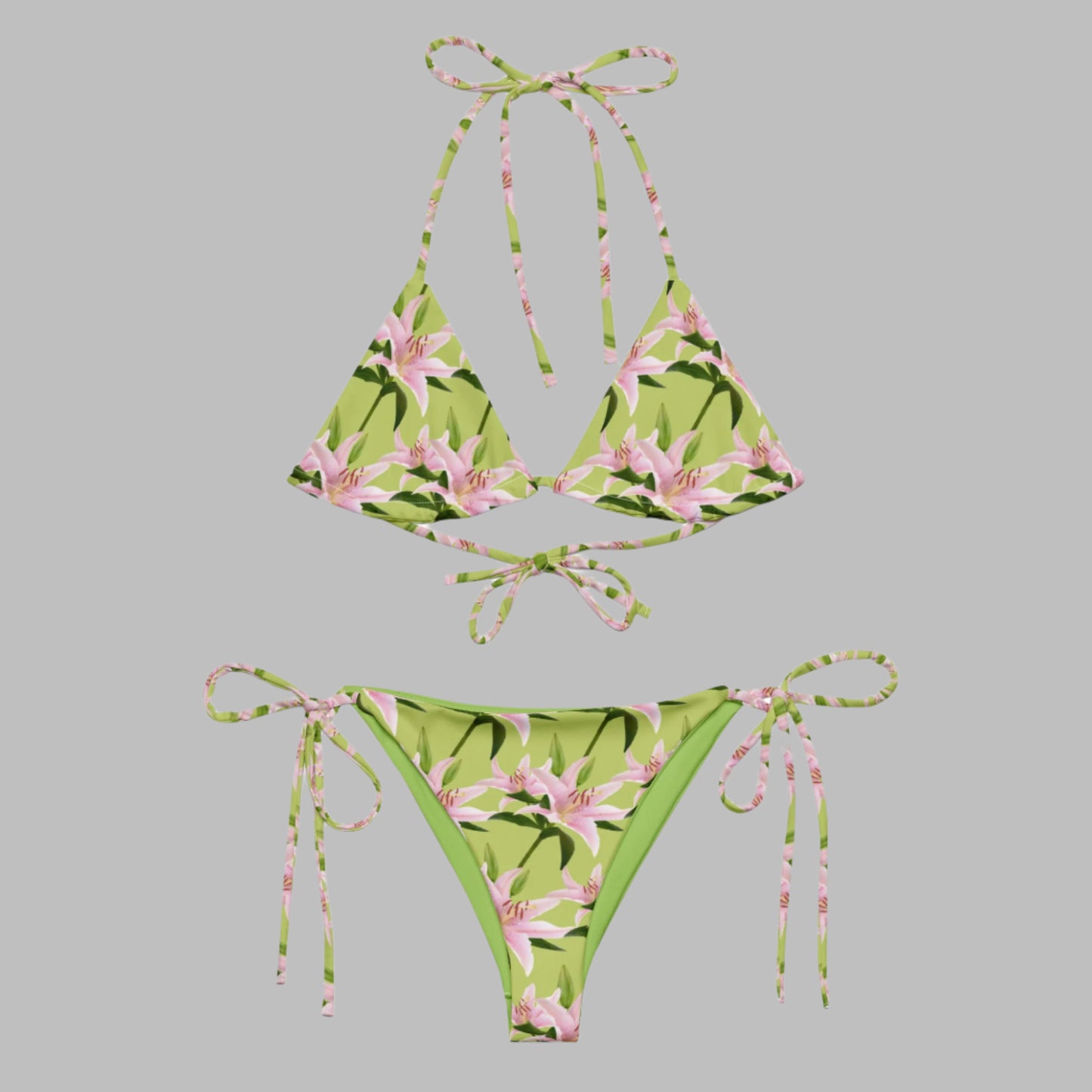 Women's All - over print recycled string bikini, Lime Green Pink Bikini, Floral Bikini, Cute Summer Bikini - PratSN