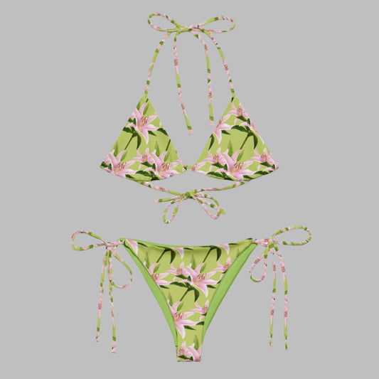 Women's All - over print recycled string bikini, Lime Green Pink Bikini, Floral Bikini, Cute Summer Bikini - PratSN