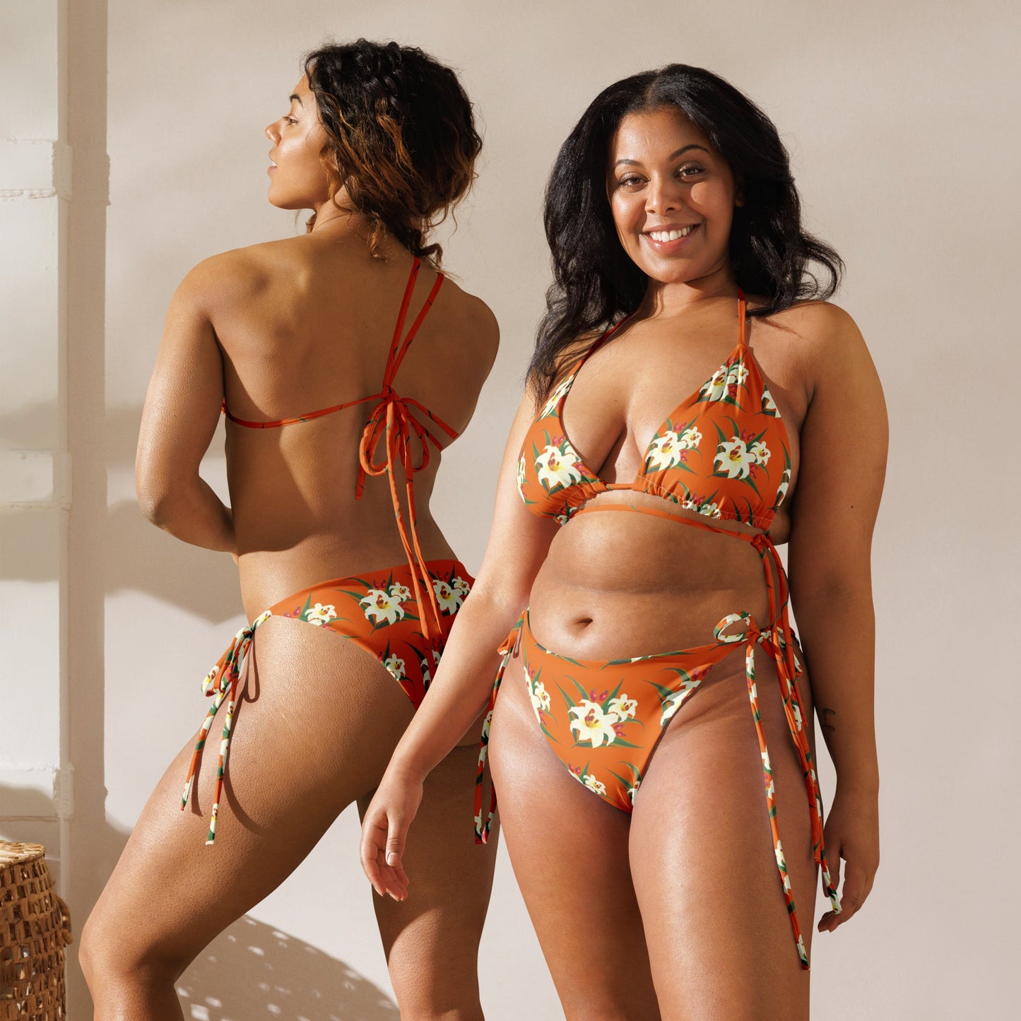 Women's All - over print recycled string bikini, Orange White Bikini, Floral Bikini, Cute Summer Bikini - PratSN