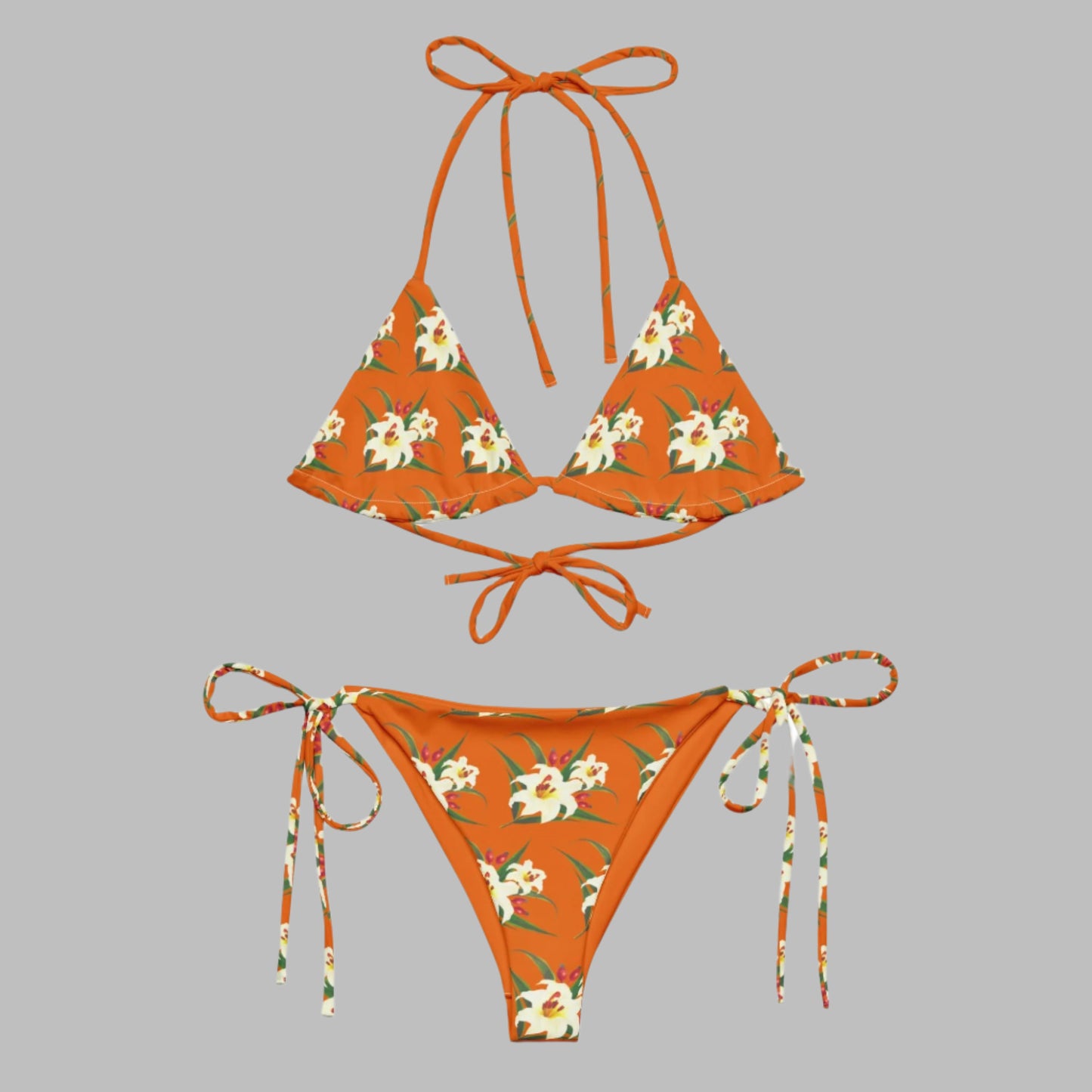 Women's All - over print recycled string bikini, Orange White Bikini, Floral Bikini, Cute Summer Bikini - PratSN