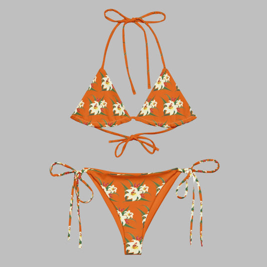Women's All - over print recycled string bikini, Orange White Bikini, Floral Bikini, Cute Summer Bikini - PratSN