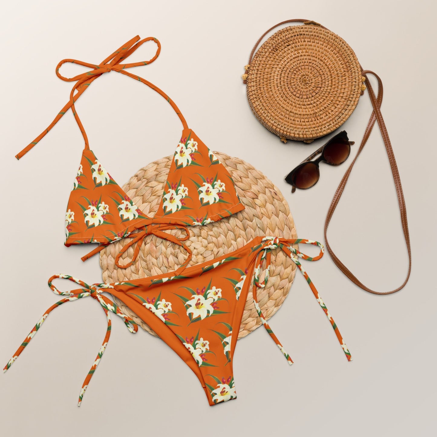 Women's All - over print recycled string bikini, Orange White Bikini, Floral Bikini, Cute Summer Bikini - PratSN