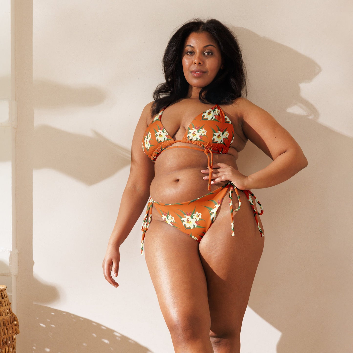 Women's All - over print recycled string bikini, Orange White Bikini, Floral Bikini, Cute Summer Bikini - PratSN