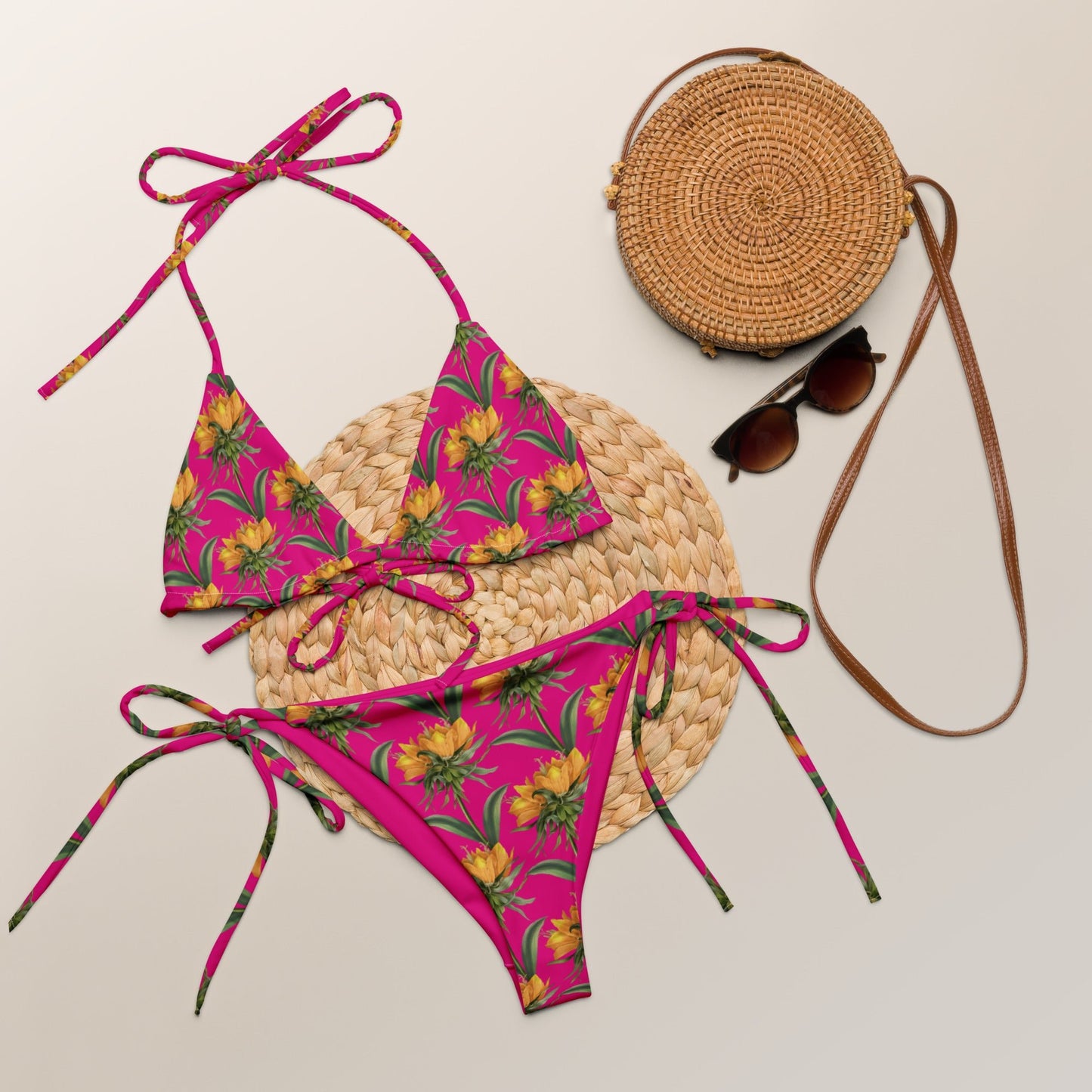 Women's All - over print recycled string bikini, Pink Yellow Bikini, Floral Bikini, Cute Summer Bikini - PratSN