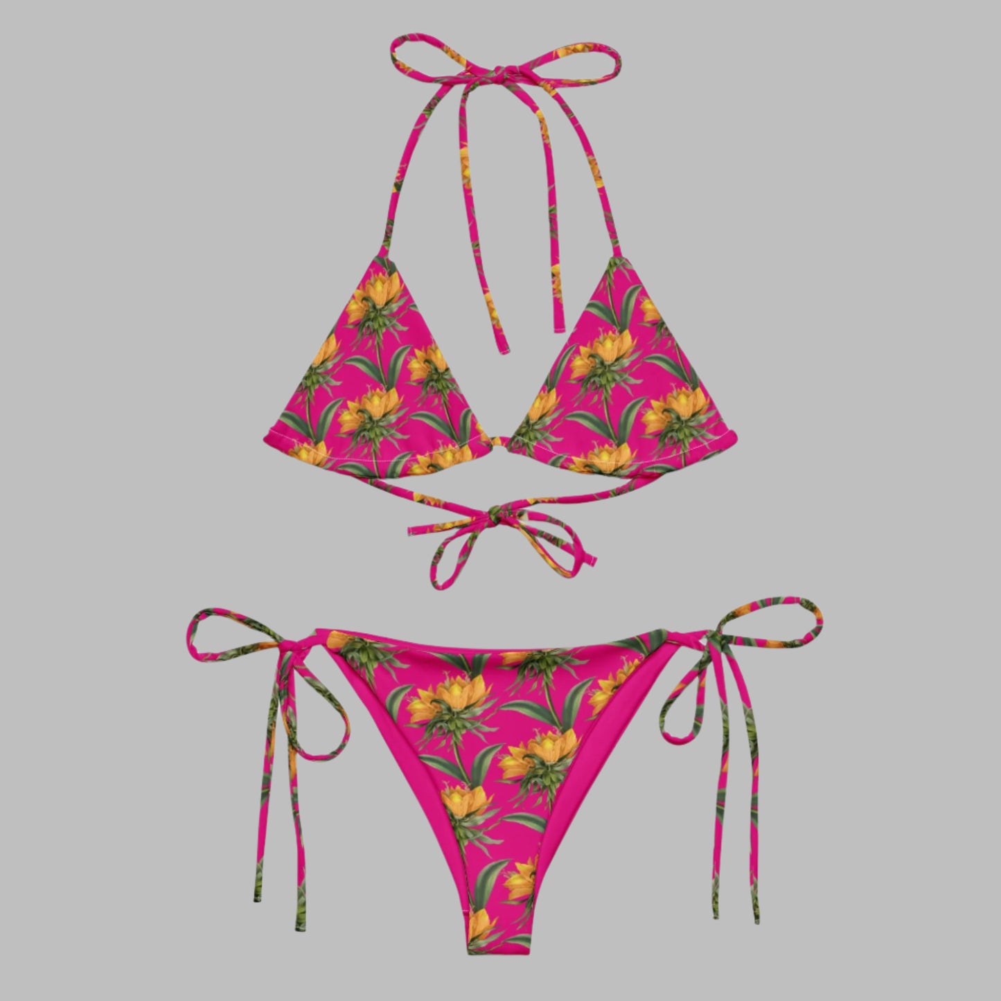 Women's All - over print recycled string bikini, Pink Yellow Bikini, Floral Bikini, Cute Summer Bikini - PratSN