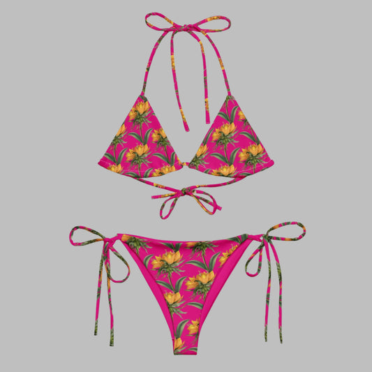 Women's All - over print recycled string bikini, Pink Yellow Bikini, Floral Bikini, Cute Summer Bikini - PratSN