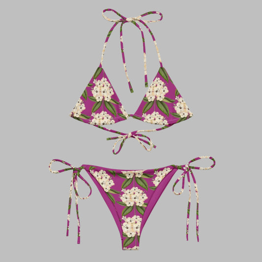 Women's All - over print recycled string bikini, Purple White Bikini, Floral Bikini, Cute Summer Bikini - PratSN