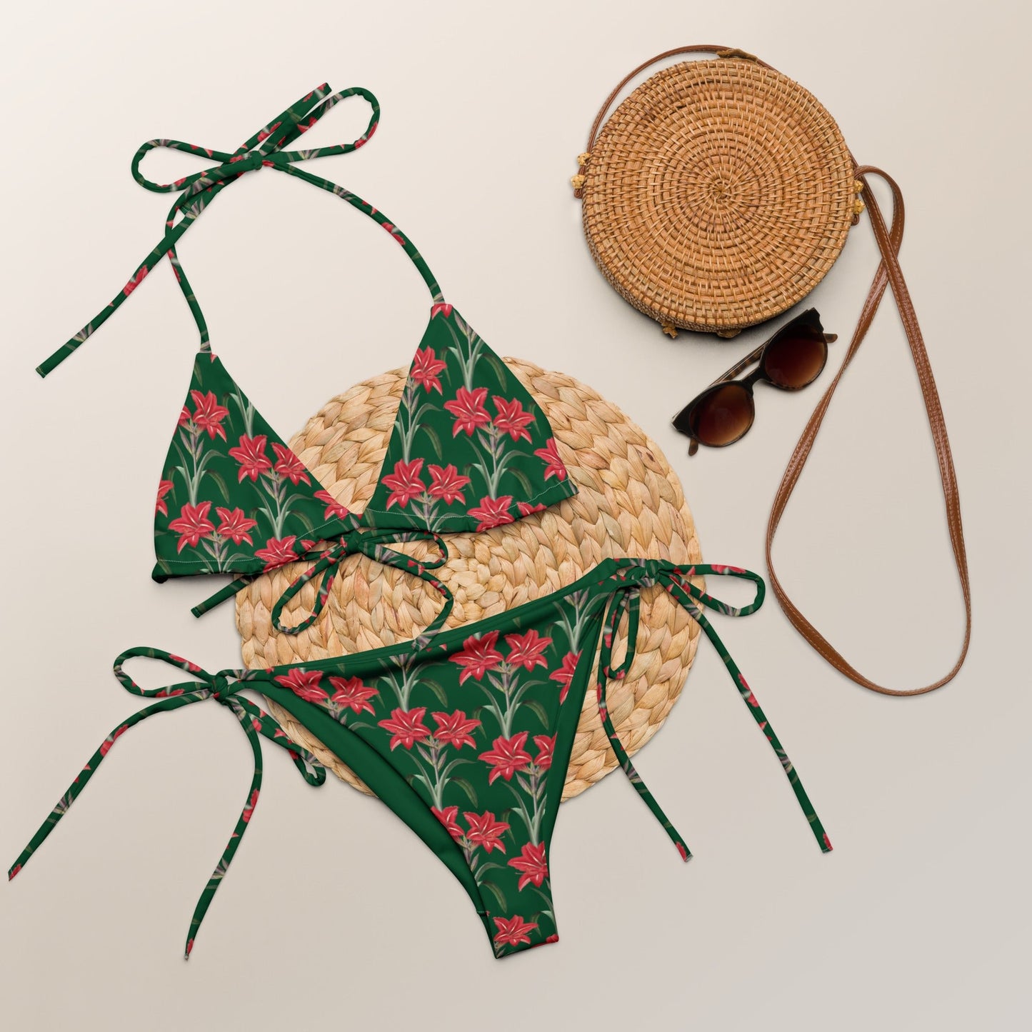 Women's All - over print string bikini, Green Pink Floral Top, Cute Summer Bikini Top, Floral Top, beautiful bikini top, Beach dress, Beach dress for summer and spring - PratSN