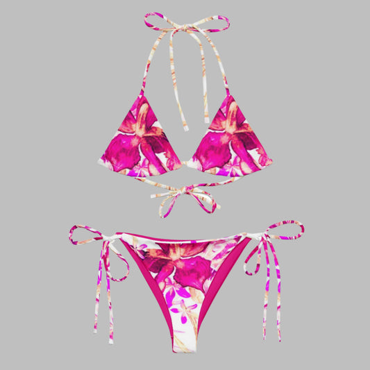 Women's all - over print string bikini, Pink Floral Bikini - PratSN