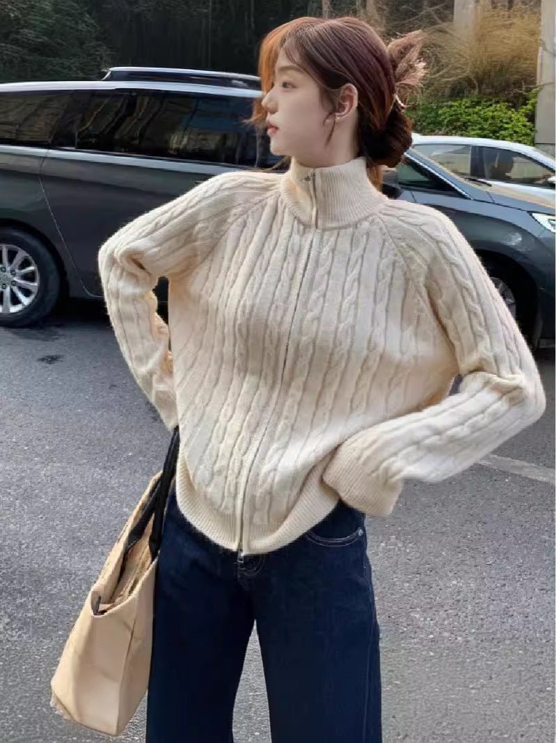 Women's Autumn And Winter Zipper And Lapel Cable - knit Sweater - PratSN