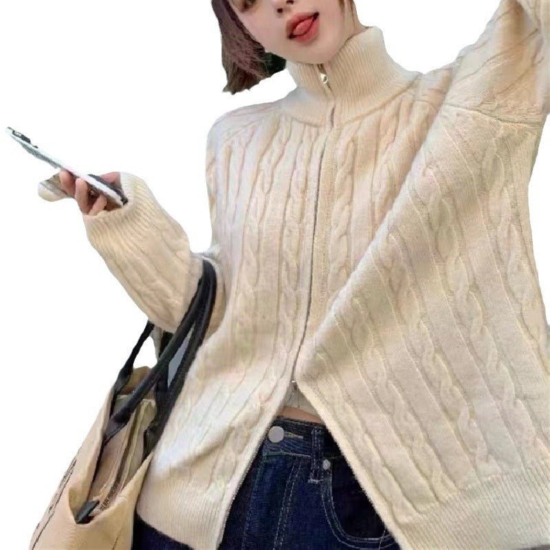 Women's Autumn And Winter Zipper And Lapel Cable - knit Sweater - PratSN