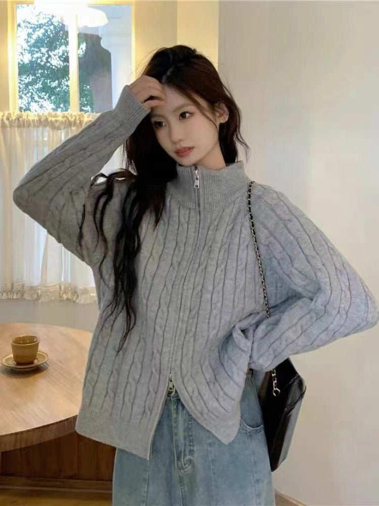 Women's Autumn And Winter Zipper And Lapel Cable - knit Sweater - PratSN