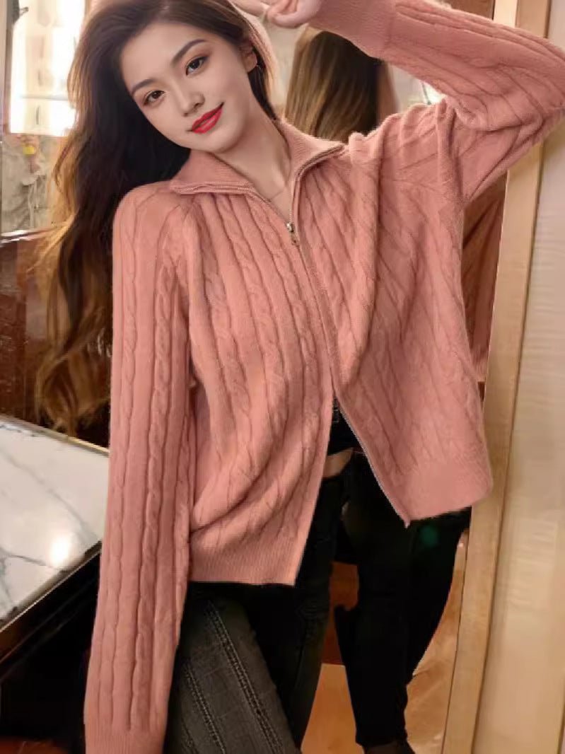 Women's Autumn And Winter Zipper And Lapel Cable - knit Sweater - PratSN