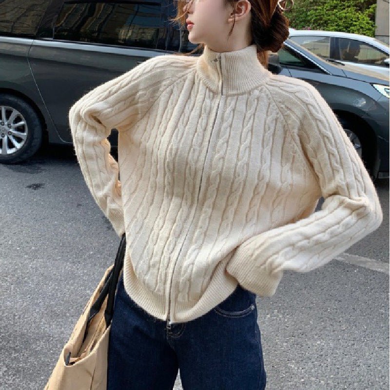 Women's Autumn And Winter Zipper And Lapel Cable - knit Sweater - PratSN