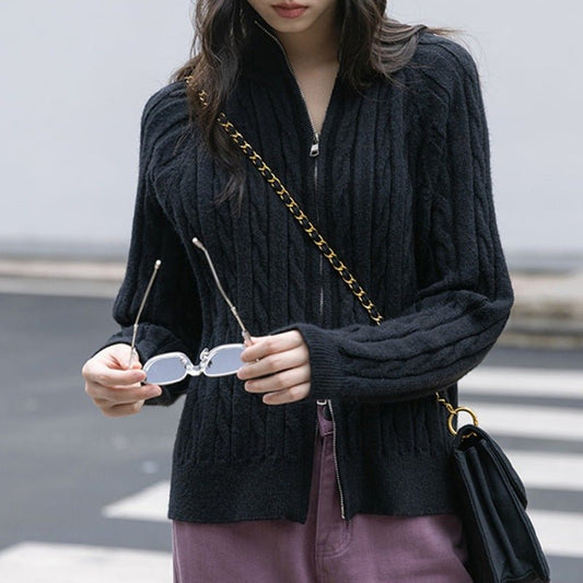 Women's Autumn And Winter Zipper And Lapel Cable - knit Sweater - PratSN