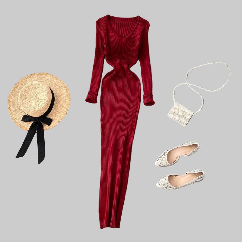 Women's Autumn Knitted Dress V Neck Slim Elastic Bodycon Sweater Dress Winter knit Warm Long Dress - PratSN