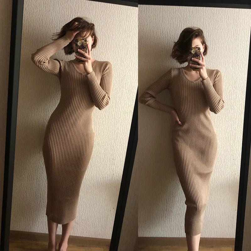 Women's Autumn Knitted Dress V Neck Slim Elastic Bodycon Sweater Dress Winter knit Warm Long Dress - PratSN