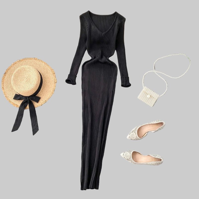 Women's Autumn Knitted Dress V Neck Slim Elastic Bodycon Sweater Dress Winter knit Warm Long Dress - PratSN