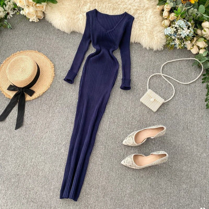 Women's Autumn Knitted Dress V Neck Slim Elastic Bodycon Sweater Dress Winter knit Warm Long Dress - PratSN