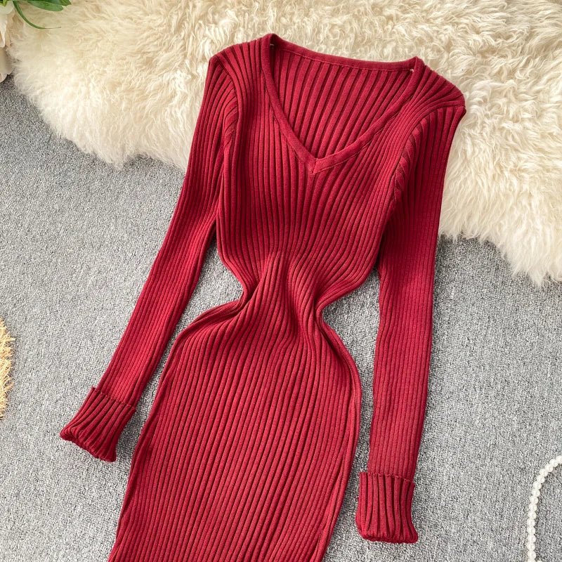 Women's Autumn Knitted Dress V Neck Slim Elastic Bodycon Sweater Dress Winter knit Warm Long Dress - PratSN