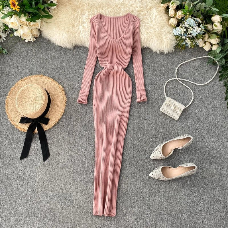 Women's Autumn Knitted Dress V Neck Slim Elastic Bodycon Sweater Dress Winter knit Warm Long Dress - PratSN