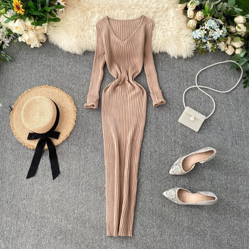 Women's Autumn Knitted Dress V Neck Slim Elastic Bodycon Sweater Dress Winter knit Warm Long Dress - PratSN