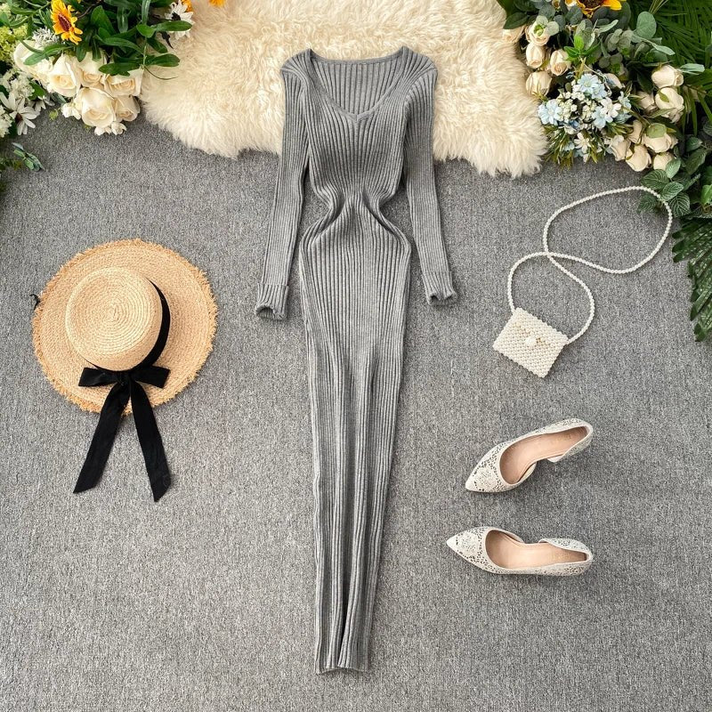Women's Autumn Knitted Dress V Neck Slim Elastic Bodycon Sweater Dress Winter knit Warm Long Dress - PratSN