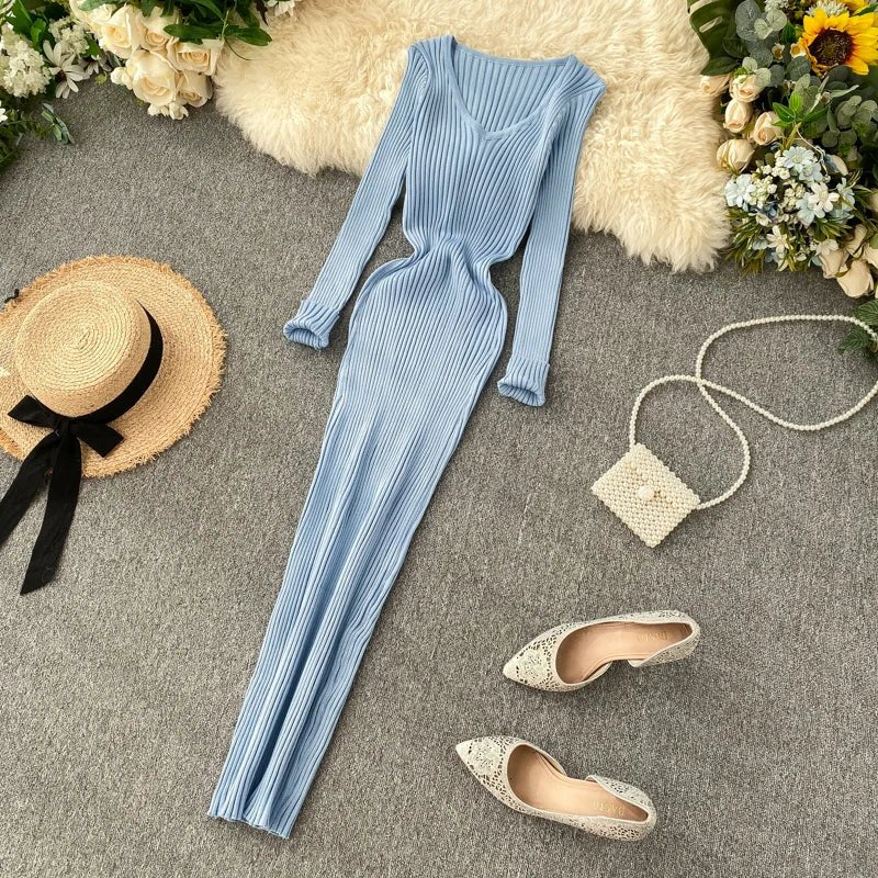 Women's Autumn Knitted Dress V Neck Slim Elastic Bodycon Sweater Dress Winter knit Warm Long Dress - PratSN