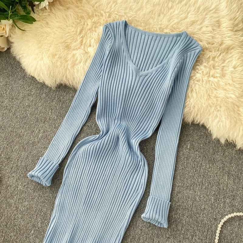 Women's Autumn Knitted Dress V Neck Slim Elastic Bodycon Sweater Dress Winter knit Warm Long Dress - PratSN