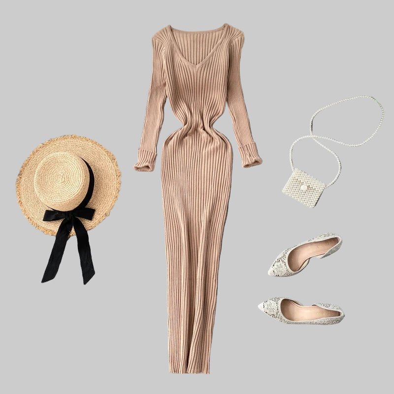 Women's Autumn Knitted Dress V Neck Slim Elastic Bodycon Sweater Dress Winter knit Warm Long Dress - PratSN