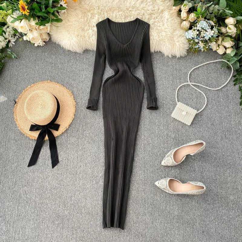 Women's Autumn Knitted Dress V Neck Slim Elastic Bodycon Sweater Dress Winter knit Warm Long Dress - PratSN