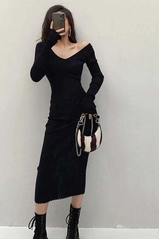 Women's Autumn Knitted Dress V Neck Slim Elastic Bodycon Sweater Dress Winter knit Warm Long Dress - PratSN