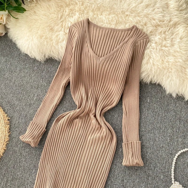 Women's Autumn Knitted Dress V Neck Slim Elastic Bodycon Sweater Dress Winter knit Warm Long Dress - PratSN