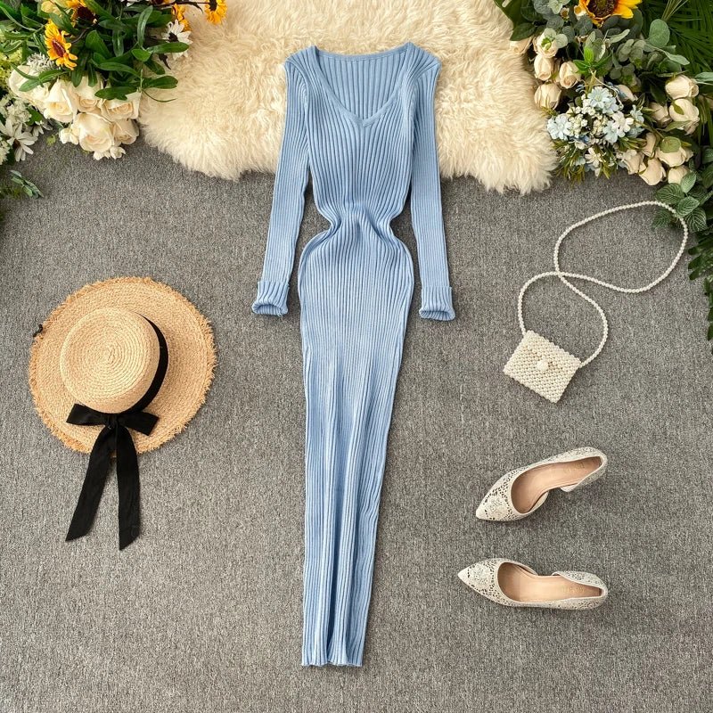 Women's Autumn Knitted Dress V Neck Slim Elastic Bodycon Sweater Dress Winter knit Warm Long Dress - PratSN