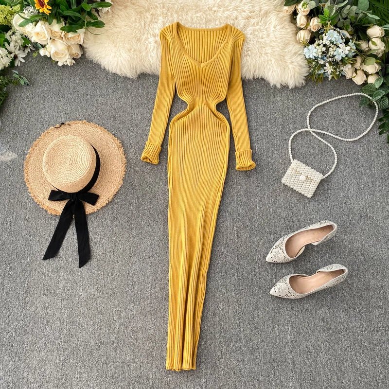 Women's Autumn Knitted Dress V Neck Slim Elastic Bodycon Sweater Dress Winter knit Warm Long Dress - PratSN