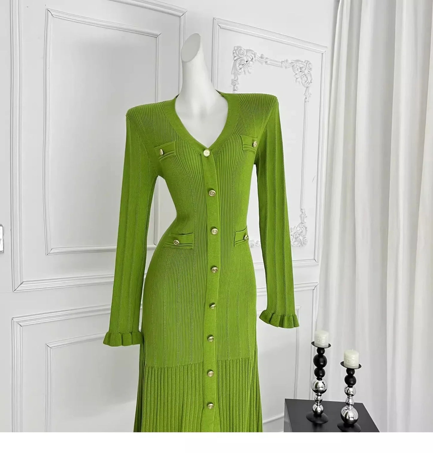 Women's Autumn Winter Dress French Style Elegant Single - breasted Ruffled Knitted Long Dress - PratSN