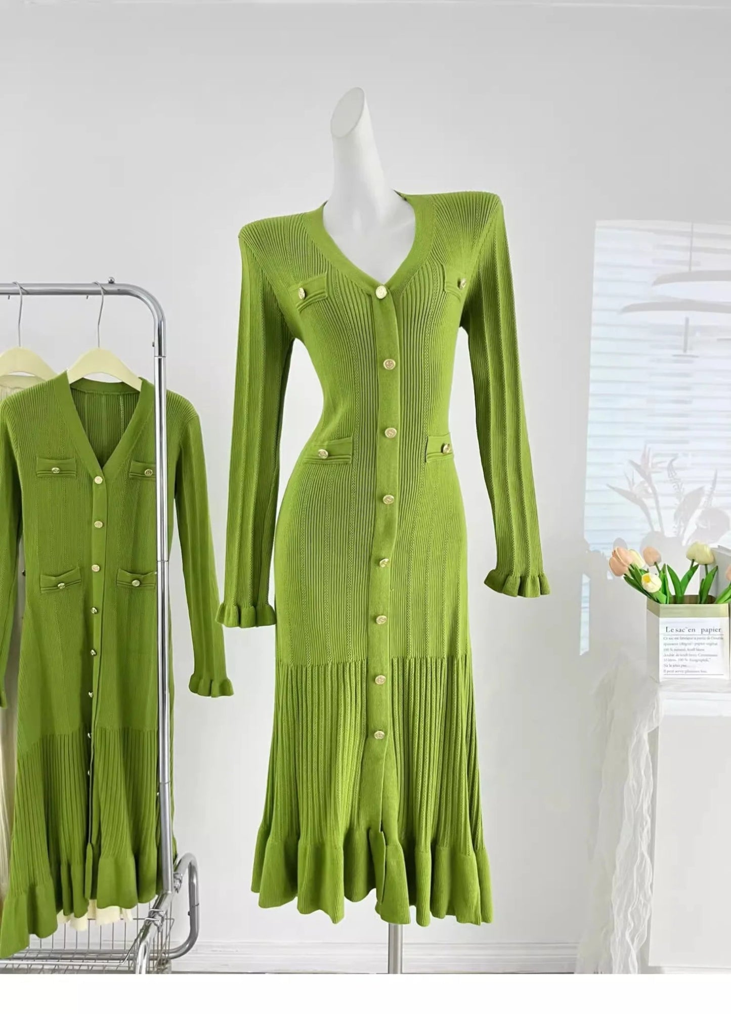 Women's Autumn Winter Dress French Style Elegant Single - breasted Ruffled Knitted Long Dress - PratSN