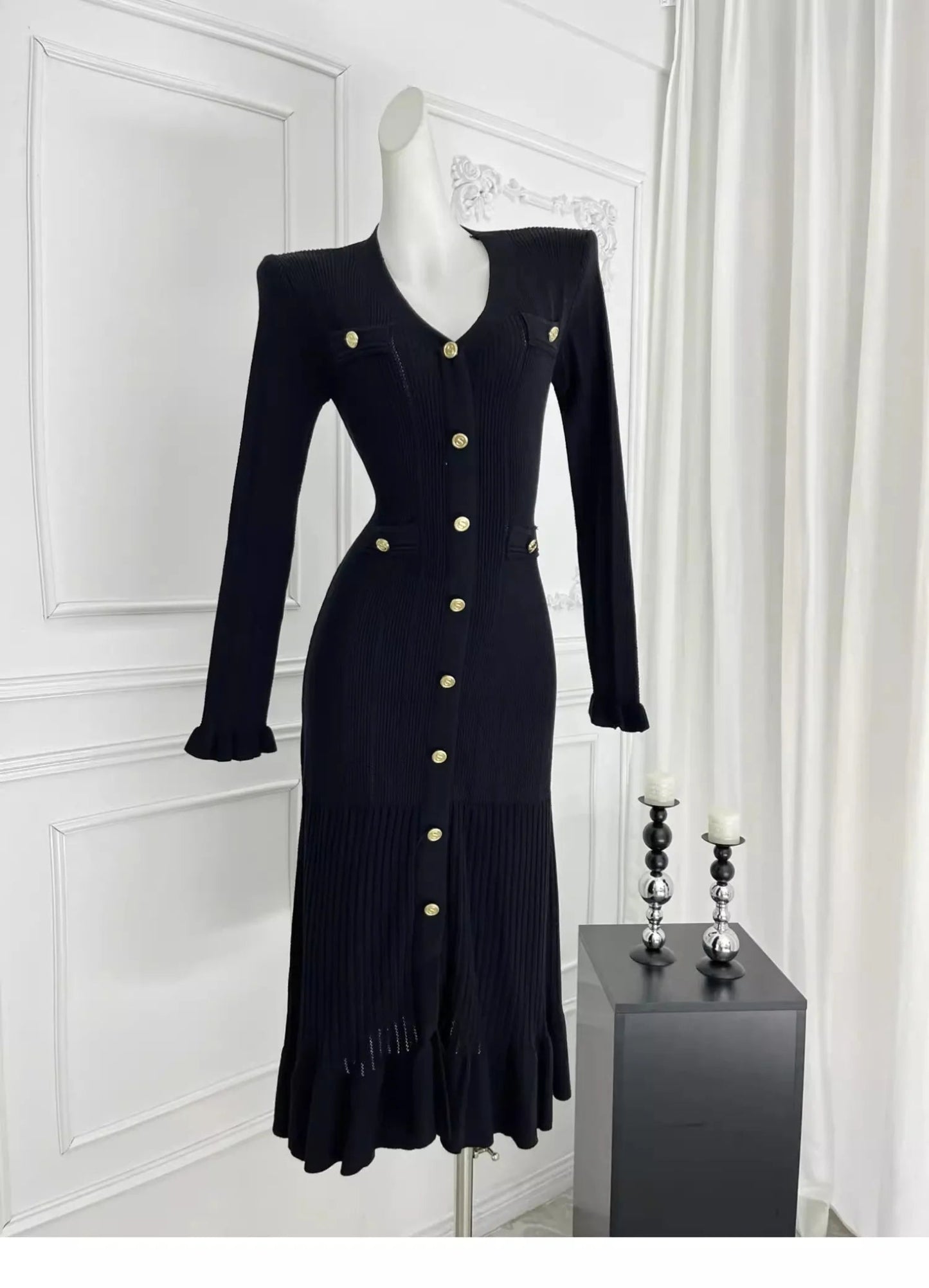 Women's Autumn Winter Dress French Style Elegant Single - breasted Ruffled Knitted Long Dress - PratSN