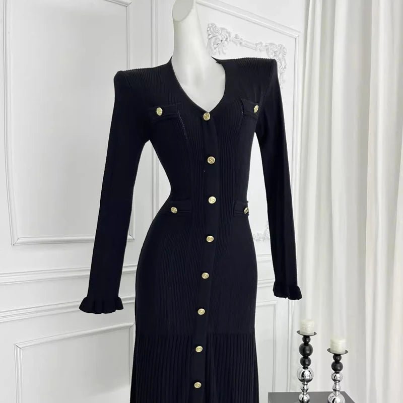 Women's Autumn Winter Dress French Style Elegant Single - breasted Ruffled Knitted Long Dress - PratSN