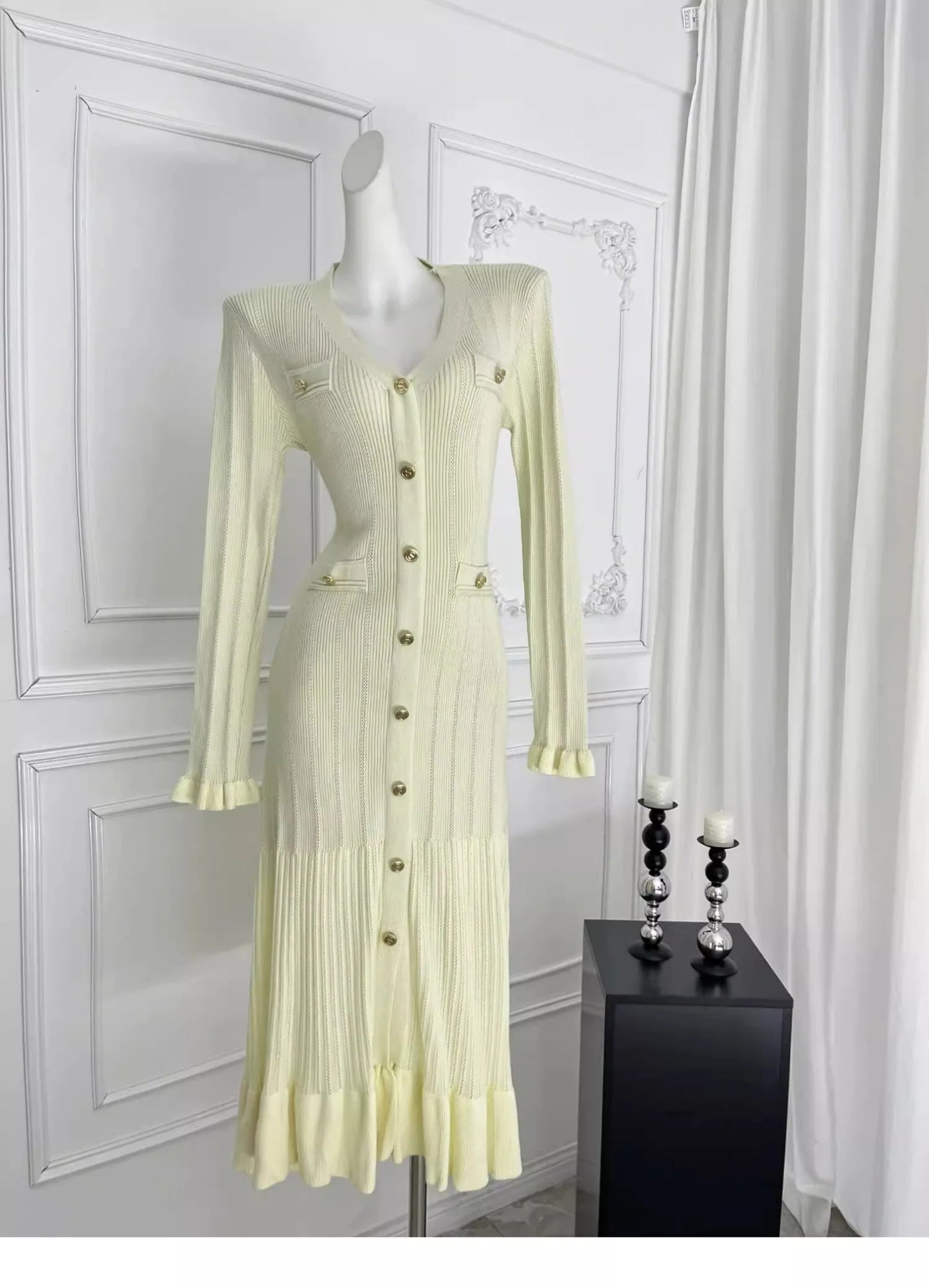 Women's Autumn Winter Dress French Style Elegant Single - breasted Ruffled Knitted Long Dress - PratSN