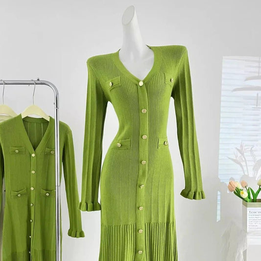 Women's Autumn Winter Dress French Style Elegant Single - breasted Ruffled Knitted Long Dress - PratSN