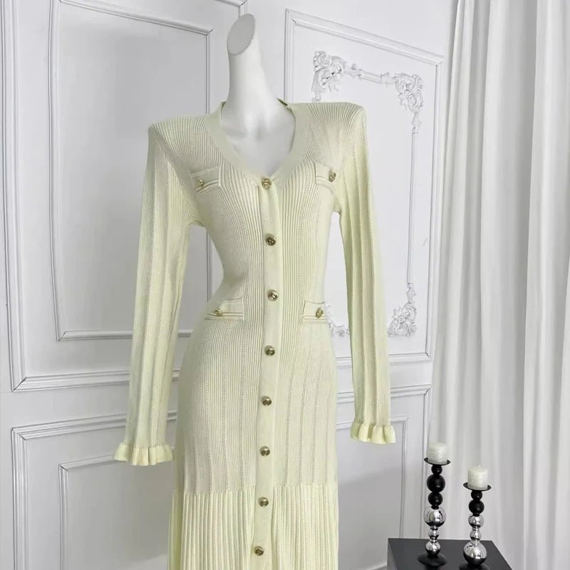 Women's Autumn Winter Dress French Style Elegant Single - breasted Ruffled Knitted Long Dress - PratSN