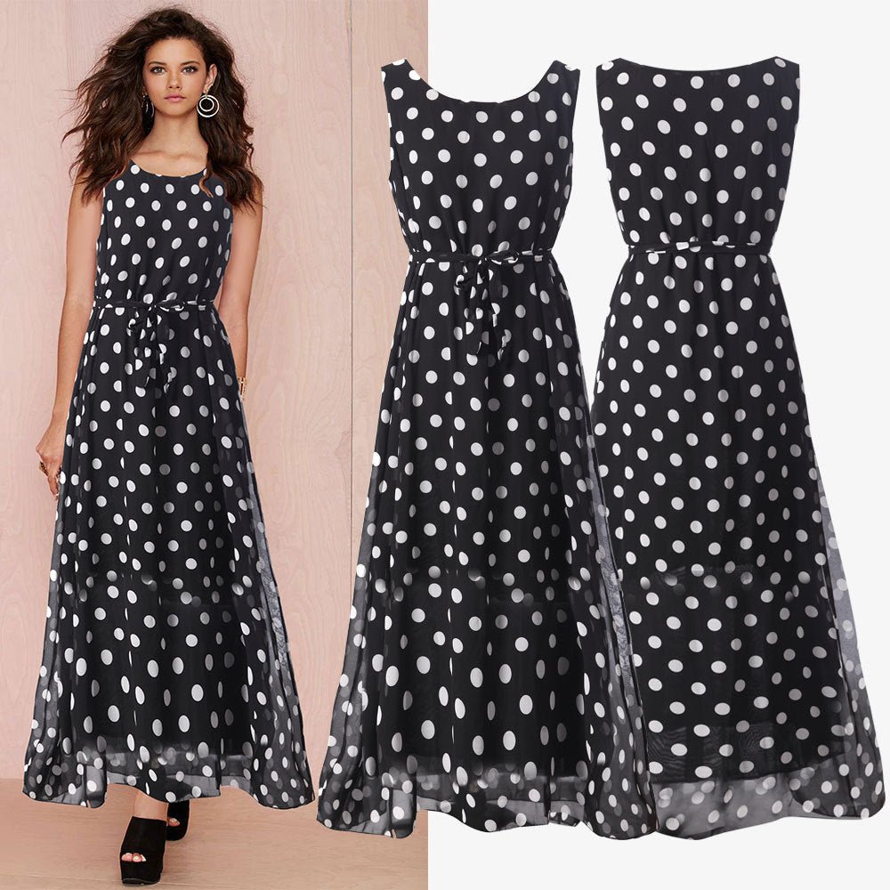 Women's Black And White Polka Dot Chiffon Big Swing Dress - PratSN