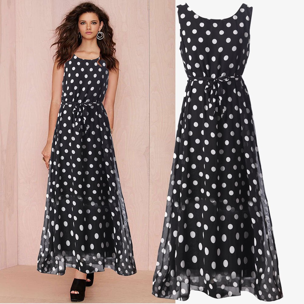 Women's Black And White Polka Dot Chiffon Big Swing Dress - PratSN