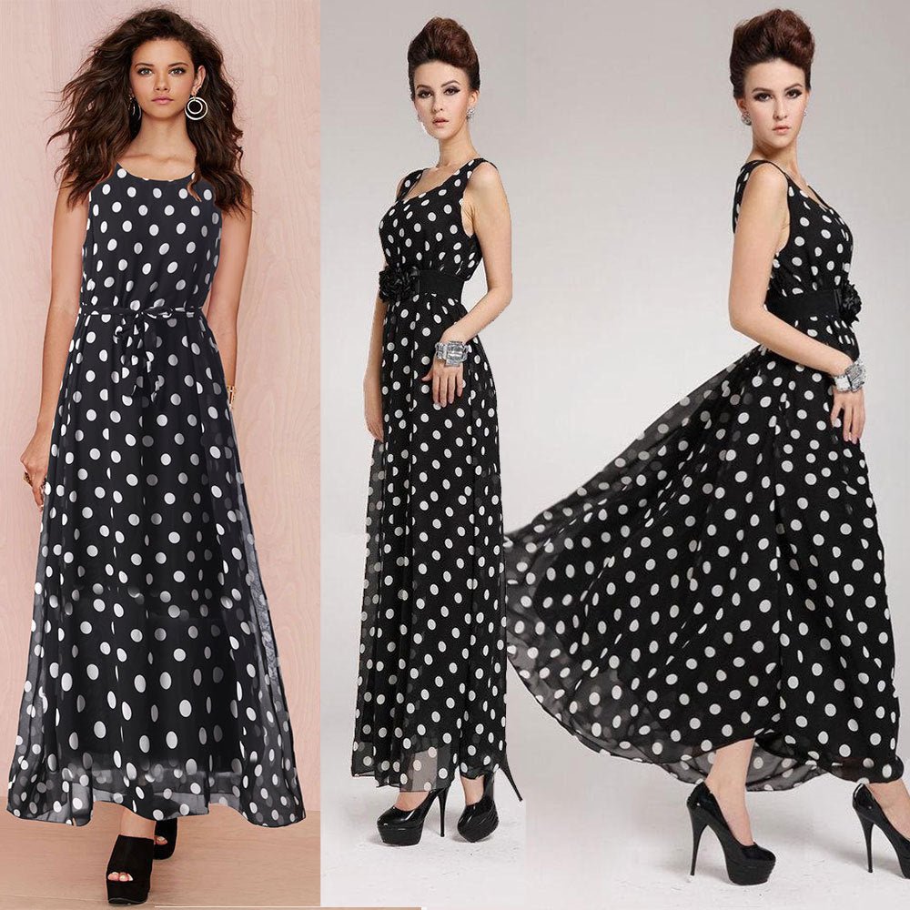 Women's Black And White Polka Dot Chiffon Big Swing Dress - PratSN