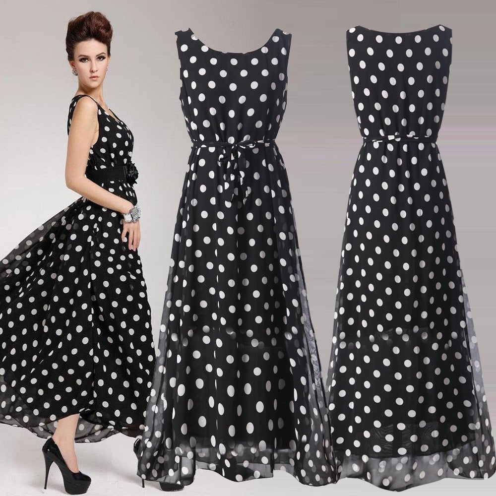 Women's Black And White Polka Dot Chiffon Big Swing Dress - PratSN